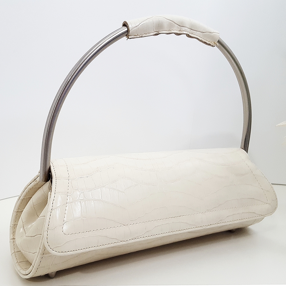 Vtg Principles🔥Ivory Barrel Cylindrical Croc Bag| Staud Metal Handle Handbag
